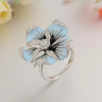 2019 Nou Albastru Romantic Flori de Cires Sakura Florale Inele pentru Femei de Lux Mare Floare Picătură de Ulei Stras Inele Cadou Z3M350