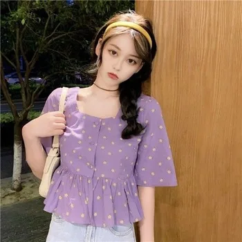 Vara Print Bluza Femei 2020 Puff Mâneci Cu Guler Pătrat Florale De Imprimare Topuri Femeile Kawaii Japonia Stil Elegant Coreean Bluza Femei