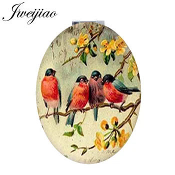Youhaken păsări colorate pe ramură de copac Mini Oval Portabil oglindă animale naturale de plante de piele o oglindă de buzunar pentru fete BP01