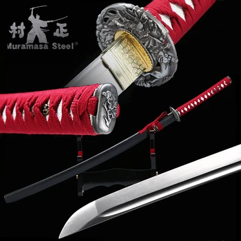 Real Lucrate Manual Japoneze Katana Oțel Arc Lama Full Tang Ascuțite Gata De Luptă Sabie De Samurai Negru-Teaca Lemn /Rosu