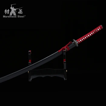 Real Lucrate Manual Japoneze Katana Oțel Arc Lama Full Tang Ascuțite Gata De Luptă Sabie De Samurai Negru-Teaca Lemn /Rosu