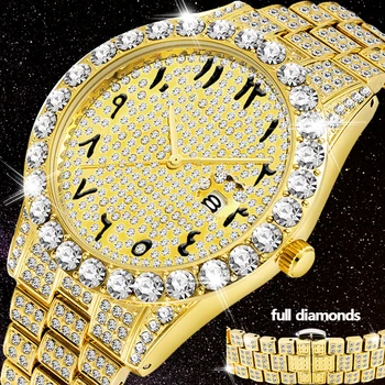 De lux cu Aur de 18K Ceas Pentru Bărbați Plin de Diamant Ceas de mână rezistent la apă de sex Masculin Ceas Hip Hop de Gheață Afară de Cuarț Bărbați Ceasuri Relogio arabă