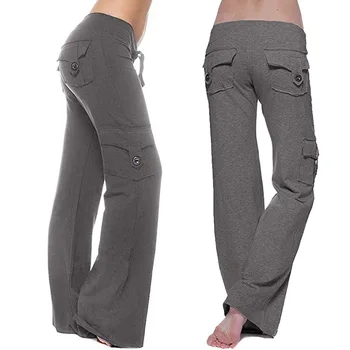 Femei Yoga Pantaloni Largi Picior Culturism Pantaloni Sport Pantaloni Elastic Dantela-up Multiple Buzunare Slim Dresuri Pantaloni