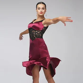 Femeile latino rochie de dans pentru costume de dans salsa rochie de latina dans haine femei latino rochie de samba costume de vin roșu de Dantelă
