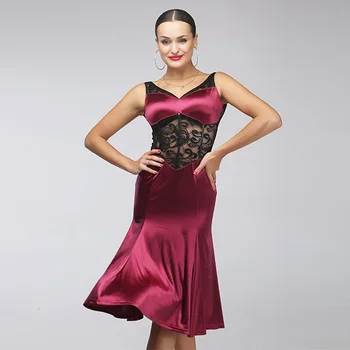 Femeile latino rochie de dans pentru costume de dans salsa rochie de latina dans haine femei latino rochie de samba costume de vin roșu de Dantelă