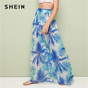 SHEIN Tropical Print Cravată Talie Semi-Sheer Cover Up Fuste Femei de Vară pe Plajă în Stil Boem, Vacanta, Sexy Split Maxi Fusta