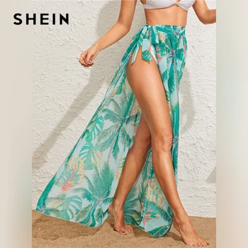 SHEIN Tropical Print Cravată Talie Semi-Sheer Cover Up Fuste Femei de Vară pe Plajă în Stil Boem, Vacanta, Sexy Split Maxi Fusta