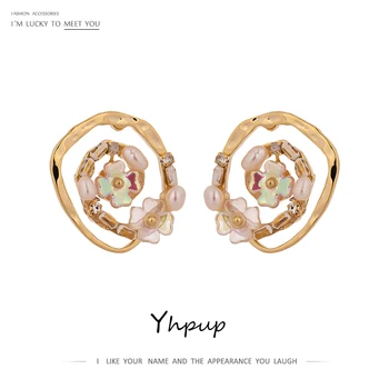 Yhpup 2020 Rafinat Perle Naturale de Floare Stud Cercei de Cupru de 14 K Aur Cercei din Metal Pendientes Mujer de Bijuterii pentru Femei