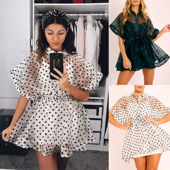 Femei Polka Dots Print Mesh Rochie Lejeră De Vară 2020 Vedea Prin Curea Mini Bikini Acoperi Până Rochie Cu Maneci Scurte Rochie De Colectare
