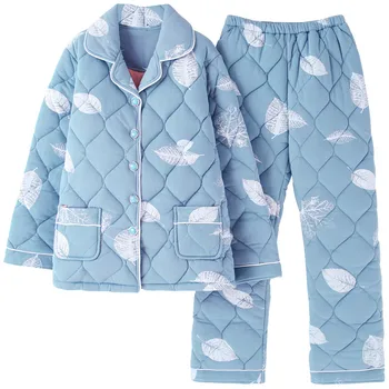 Iarna Femei Pijama Set de varsta Mijlocie Mama de Imprimare de Bumbac Gros Sleepwear Costum Pantaloni Lungi Sleepwear Îmbrăcăminte Acasă Două Bucata Set
