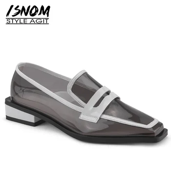 ISNOM Pvc Transparent Pompe de Femei Deget de la picior Pătrat Încălțăminte de Moda Tocuri Groase Pantofi Femei Casual din Piele Pantofi de Femeie Primăvara anului 2019