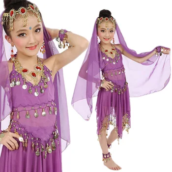 Fetele De La Bollywood, Dans Din Buric, Costume De Setat Pentru Copii Belly Dance Dans Oriental India Sari Copii Sifon De Performanță Etapă Costum Nou