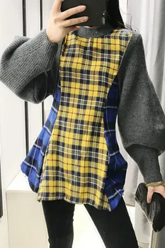 Pulover Femei Vrac Scurt Fals Două Piese Carouri Mozaic Retro Talie Îmbrățișarea Stil coreean O Gât Pulover Pulovere pentru Femei