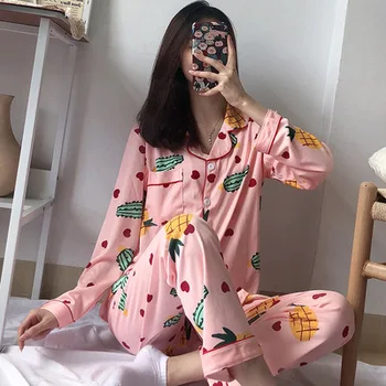 Femei Pijamale, Seturi de Desene animate de Imprimare 2019 Toamna cu Maneci Lungi Set de Doua Bucati de Femei Sleepwear Sexy îmbrăcăminte de noapte pentru Femei Dormit, Set