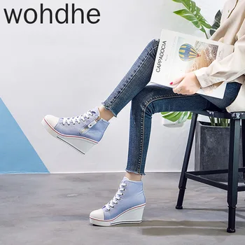2020 Mari Dimensiuni Panza Pantofi pentru Femei Pană Toc cu Fermoar Lateral 8Cm Înălțime Creșterea Platforma Casual High-top Canvas Adidasi