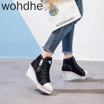 2020 Mari Dimensiuni Panza Pantofi pentru Femei Pană Toc cu Fermoar Lateral 8Cm Înălțime Creșterea Platforma Casual High-top Canvas Adidasi