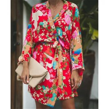 Moda Vintage Boho Mult Cu Eșarfe Bluza Femei Topuri Doamnelor Roșu Florale Imprimate Tricou Beachwear Deschideți Capacul Capului