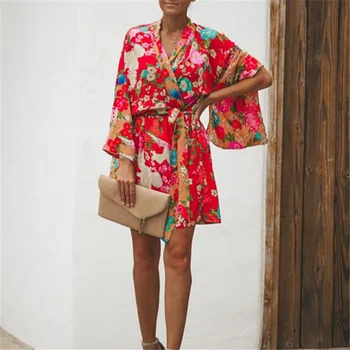 Moda Vintage Boho Mult Cu Eșarfe Bluza Femei Topuri Doamnelor Roșu Florale Imprimate Tricou Beachwear Deschideți Capacul Capului
