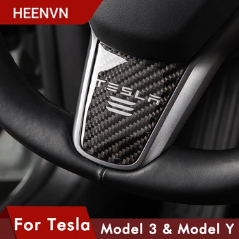 Heenvn Fibra De Carbon Capac Volan Pentru Tesla Model 3 Y Accesorii De Decor Interior Protector Patch Trei Autocolante Auto