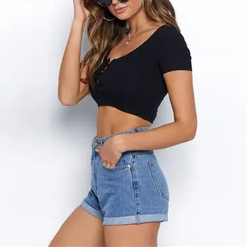 Femei Vara Slim Scurte T-Shirt Femei Sexy V-Neck Tank Topuri Tricou Maneci Scurte Culoare Solidă Butonul Crop Top Clubwear Sus