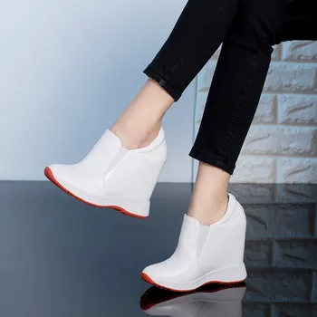 2019 din Piele Tocuri inalte Lady Pantofi Casual Femei Pene de Adidasi casual Pantofi Platforma Creșterea Aluneca pe Femeie Încălțăminte