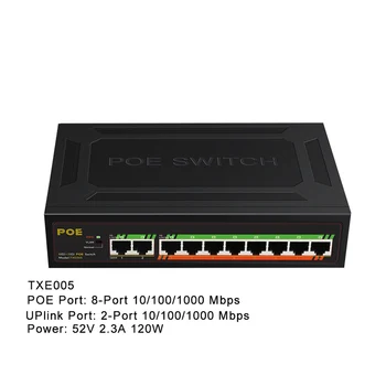 POE Gigabit Switch 8+2 Port 52V 120W comutator de rețea ethernet 100/1000Mbps Gigabit Uplink-uri pentru IP/POE camera/AP Wireless 250meter
