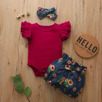 Copil nou-născut Fată Flare Sleeve Romper de Floarea-soarelui Curea de pantaloni Scurți Bentita Tinuta 3PCS Haine de Bumbac