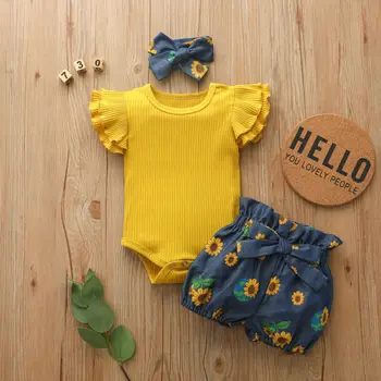 Copil nou-născut Fată Flare Sleeve Romper de Floarea-soarelui Curea de pantaloni Scurți Bentita Tinuta 3PCS Haine de Bumbac