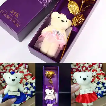 Ziua îndrăgostiților a Creat Cadou 24K Placat cu Folie de Trandafir Mov Aur a Crescut cu Teddy Bear Durează pentru Totdeauna Dragostea Decor Nunta Iubitor de Trandafir