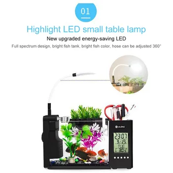 USB Portabil Mini Acvariu Rezervor de Pește Cu Lampă cu LED-uri de Lumină Ecran LCD Si Ceas cu Pompa de Aer Decor Bol de Pește de Filtrare a Apei