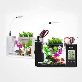 USB Portabil Mini Acvariu Rezervor de Pește Cu Lampă cu LED-uri de Lumină Ecran LCD Si Ceas cu Pompa de Aer Decor Bol de Pește de Filtrare a Apei