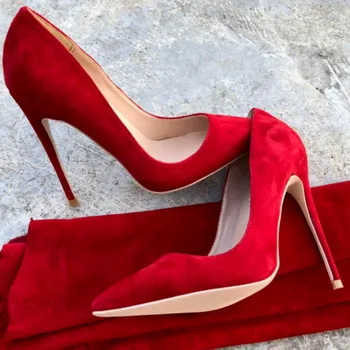 Keshangjia 12cm Tocuri Femei Subliniat Toe piele de Căprioară Roșie Tocuri inalte Pompa de nunta pantofi mireasa Marimea 35-44