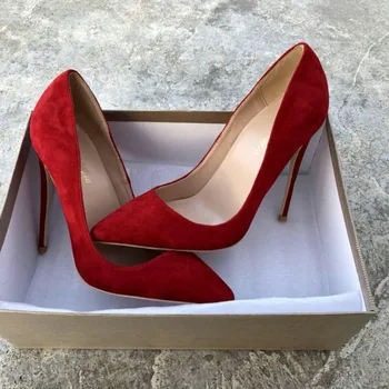 Keshangjia 12cm Tocuri Femei Subliniat Toe piele de Căprioară Roșie Tocuri inalte Pompa de nunta pantofi mireasa Marimea 35-44
