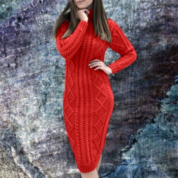 Umeko Toamna și Iarna Moda pentru Femei Maneca Lunga Guler Rochie Pulover Solid Slim Cald Gros Pulover Tricot Rochii Midi