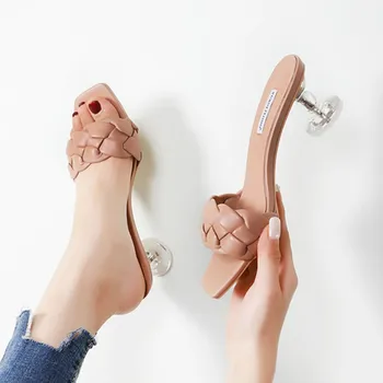 2021 Moda Elegant Țesute Doamnelor Sandale Transparente Pătrat Sandale De Moda Toc Gros Pantofi Femei Sandalias De Mujer