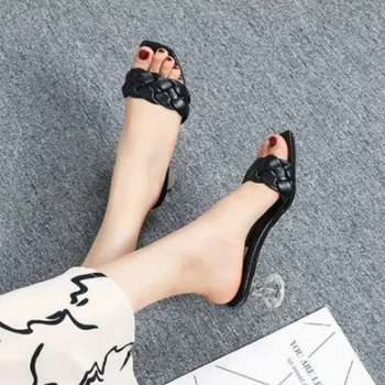2021 Moda Elegant Țesute Doamnelor Sandale Transparente Pătrat Sandale De Moda Toc Gros Pantofi Femei Sandalias De Mujer