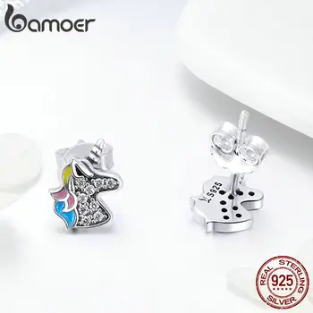 Bamoer Orbitor Unicorn Memorie Stud Cercei Argint pentru Femei și Fete Argint 925 Email coreean Stud Bijuterii Fine GXE426