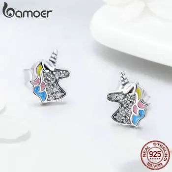 Bamoer Orbitor Unicorn Memorie Stud Cercei Argint pentru Femei și Fete Argint 925 Email coreean Stud Bijuterii Fine GXE426