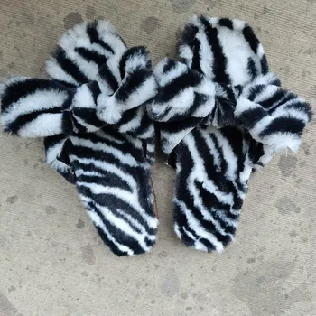 Iarna Faux Blană Papuci De Femei Leopard Zebra Print De Interior, Tobogane Cald Cu Blană Papuci De Fete De Pluș, Papuci De Casă Acasă Femei Flip Flops