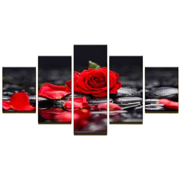 Arta de perete Panza Picturi Modulare 5 Bucati HD Imprimare Negru Pietricele Roșii de Flori de Trandafir Postere Poze Decor Acasă Dormitor Cadru