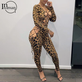 INWOMAN Leopard de Imprimare Bodycon 2 Două Bucata Set pentru Femei Costume Slim Sexy Clubwear Seturi de Potrivire Dantelă Sus Culturilor Sus Și Jambiere Set