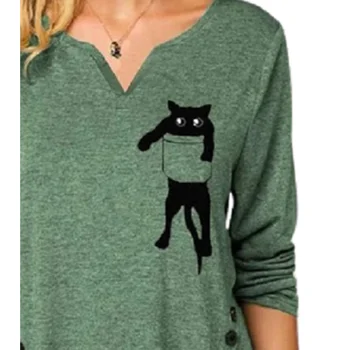 2XL Femei Frumoase Buzunar Cat de Imprimare tricouri Maneca Lunga T Split V-Neck Tricou Casual Buton Streetwear Neregulate Tiv Teuri Femme