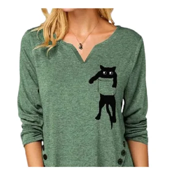2XL Femei Frumoase Buzunar Cat de Imprimare tricouri Maneca Lunga T Split V-Neck Tricou Casual Buton Streetwear Neregulate Tiv Teuri Femme