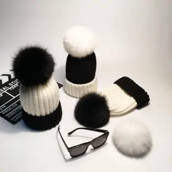 202011-luren48562 cald iarna negru mozaic alb strat de blană de Raton pompon tricotat doamna Chelioși Căciuli capac femei pălărie rece