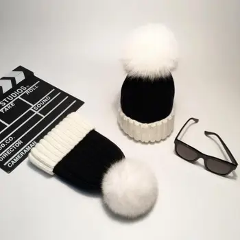 202011-luren48562 cald iarna negru mozaic alb strat de blană de Raton pompon tricotat doamna Chelioși Căciuli capac femei pălărie rece