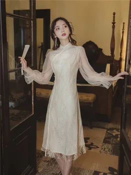 De Vară 2020 Nouă Epocă în Stil Chinezesc Tradițional Bubble Sleeve Îmbunătățit Cheongsam Fata Dantelă Lanternă Rochie cu Maneci Rochie de Femei