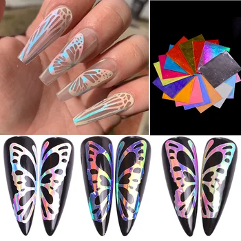 16pcs Laser Colorate Nail Art Sticker Fluture 3d Flacără de Foc Frunze Holografic Folie de Unghii Decalcomanii Autocolante DIY Sclipici Decoratiuni