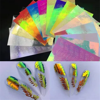 16pcs Laser Colorate Nail Art Sticker Fluture 3d Flacără de Foc Frunze Holografic Folie de Unghii Decalcomanii Autocolante DIY Sclipici Decoratiuni