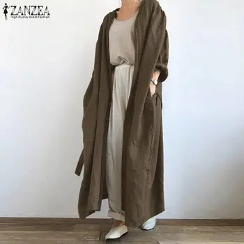 Femei Casual Bluza ZANZEA 2021 Elegante Toamna Bumbac Cardigan Lung cu Maneca Lunga, Paltoane Femei Solide Blusas Supradimensionate Tunica