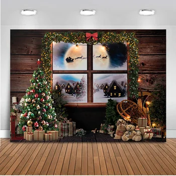 Crăciun Windows Fundal pentru Fotografia de Iarnă, X-mas Lumina Lunii Pom de Crăciun Fundal de Lemn Cadouri Jucărie Photocall Photophone